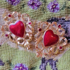 Large Red Heart and Gold Tone Bows Clip On Earrings Vintage